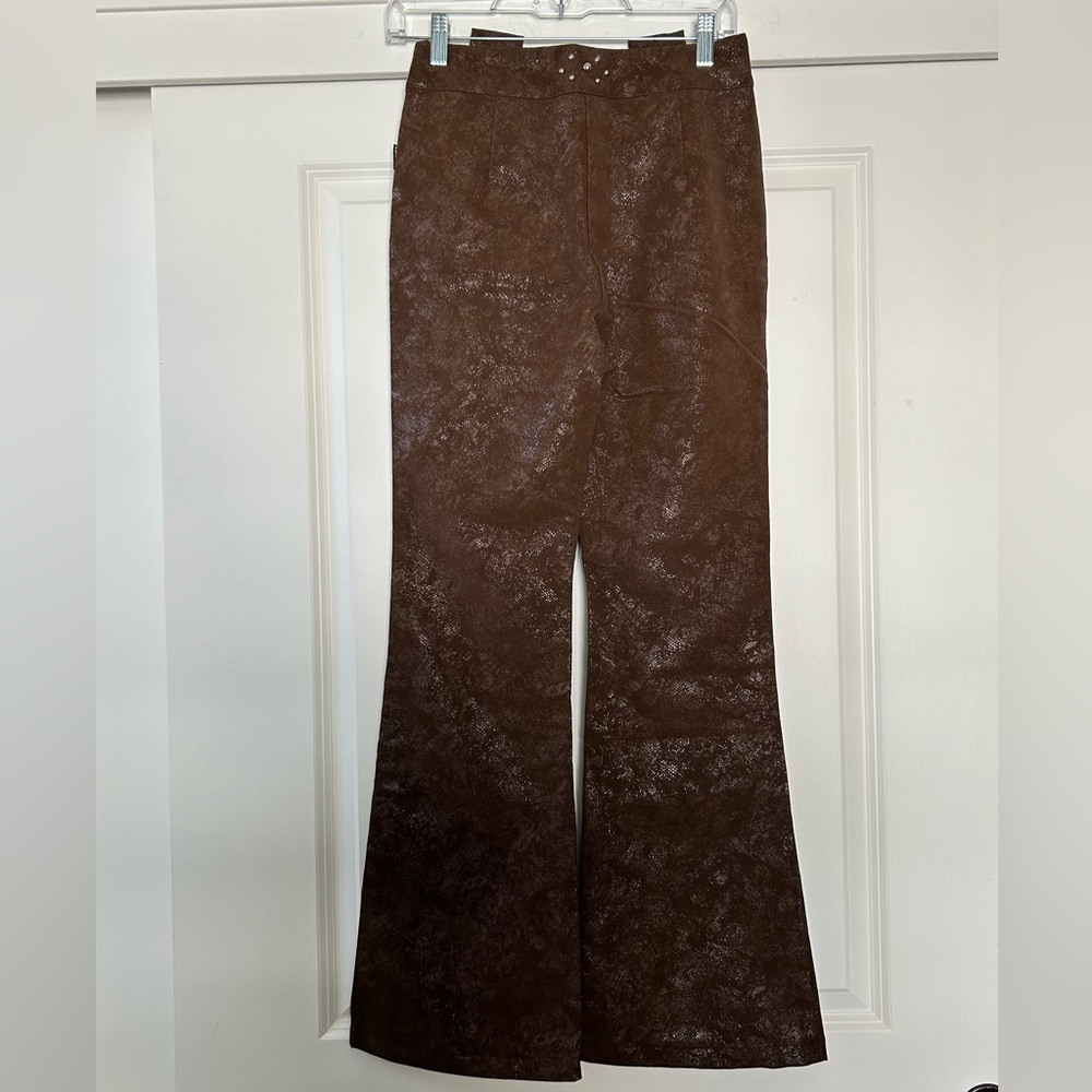 Brown High Waist Shiny Flare Pants - Picture 3 of 9